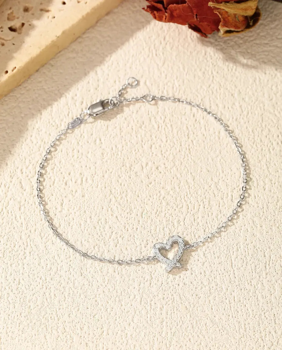 Armband met onregelmatig open hart van moissaniet – 925 sterling zilver, fijne schakelketting, kleur D