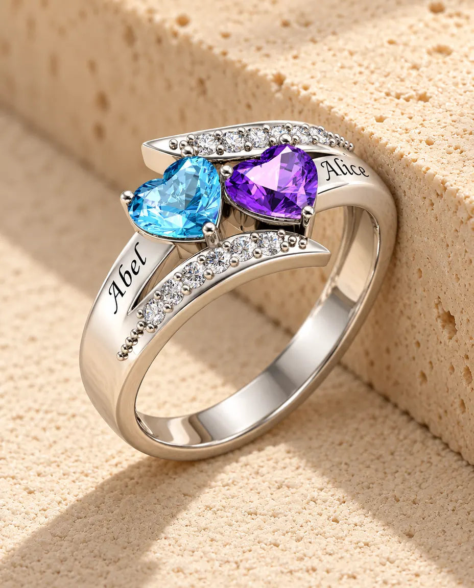 Gepersonaliseerde Ring met 2 Geboortestenen en 2 Namen - 925 zilveren bypass ring met hartjes voor koppels - in sterling zilver