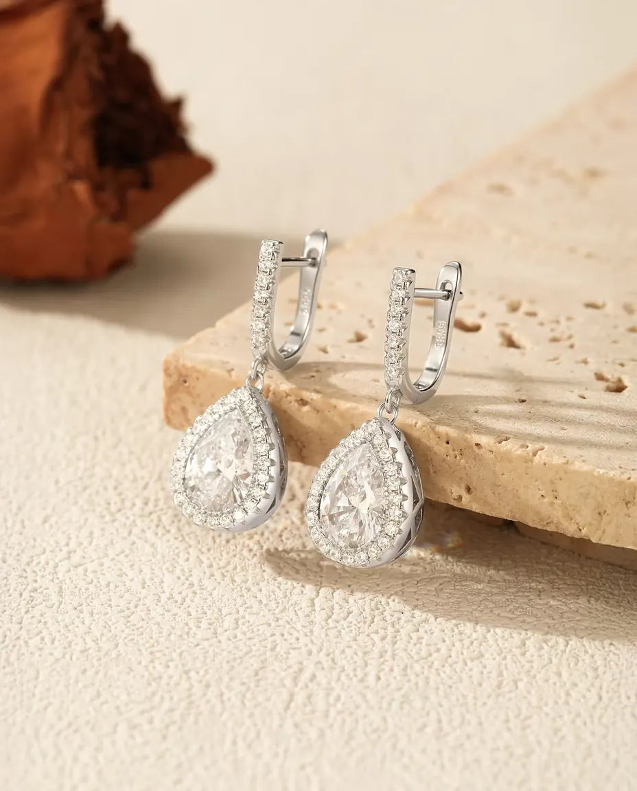 Druppel Oorbellen met zirkonia halo - brisuresluiting met pavé, 28,5 mm lang, 925 sterling zilver