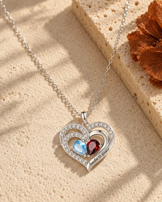 Gepersonaliseerde Geboortesteen Ketting met 2 Namen - dubbel hart hanger met twee druppelstenen, gerhodineerd
