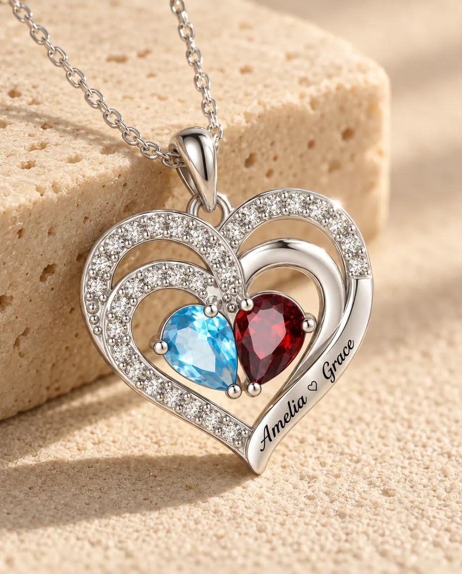 Gepersonaliseerde Geboortesteen Ketting met 2 Namen - dubbel hart hanger met twee druppelstenen, gerhodineerd