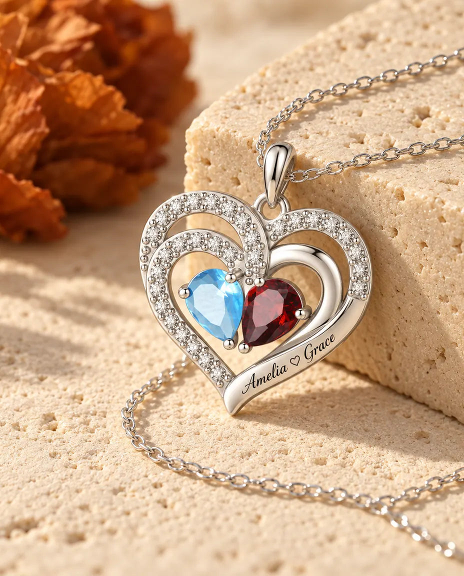 Gepersonaliseerde Geboortesteen Ketting met 2 Namen - dubbel hart hanger met twee druppelstenen, gerhodineerd