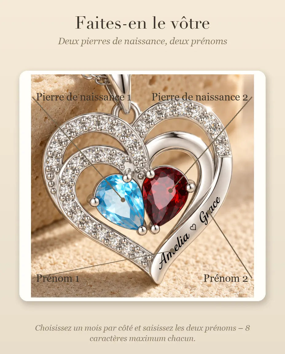 Gepersonaliseerde Geboortesteen Ketting met 2 Namen - dubbel hart hanger met twee druppelstenen, gerhodineerd