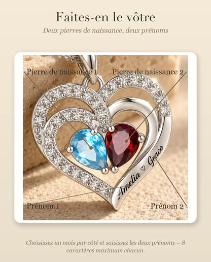 Gepersonaliseerde Geboortesteen Ketting met 2 Namen - dubbel hart hanger met twee druppelstenen, gerhodineerd