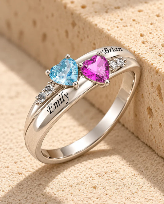 Gepersonaliseerde Dubbele Ring met 2 Hartjes Geboortestenen en 2 Namen - 925 zilveren belofte ring - in sterling zilver