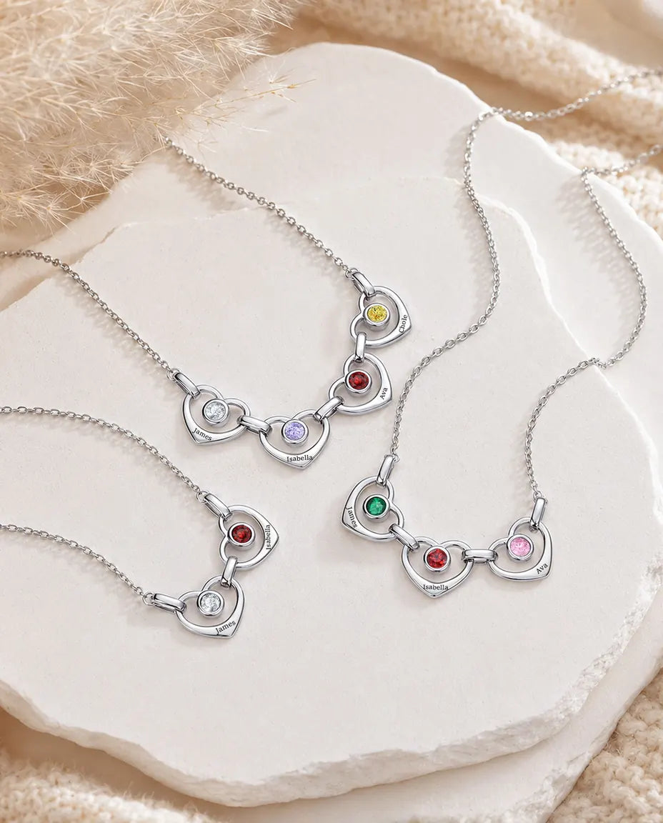 Gepersonaliseerde Familie Ketting met 1 tot 6 Namen - verbonden hartjes met geboortestenen, gerhodineerd