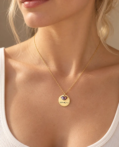 Gepersonaliseerde Geboortesteen Ketting met 2 Namen - gouden gegraveerde plaat met twee druppelstenen
