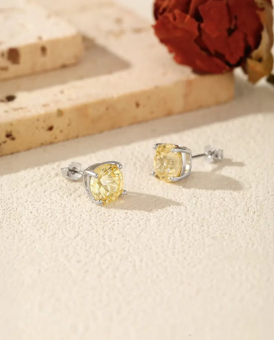 Gele Zirkonia Oorknopjes in 925 Sterling Zilver – Ronde Lichtgele Steen in Vuurwerkslijpsel, 5, 6, 7 of 8 mm met Vier Pootjes, Cadeau voor Haar