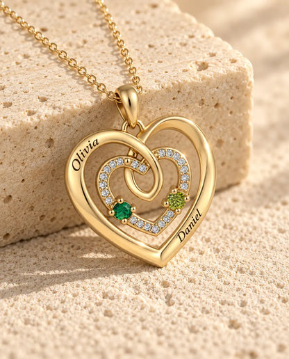 Gepersonaliseerde Geboortesteen Ketting met 2 Namen - gouden drievoudig hart met twee geboortestenen