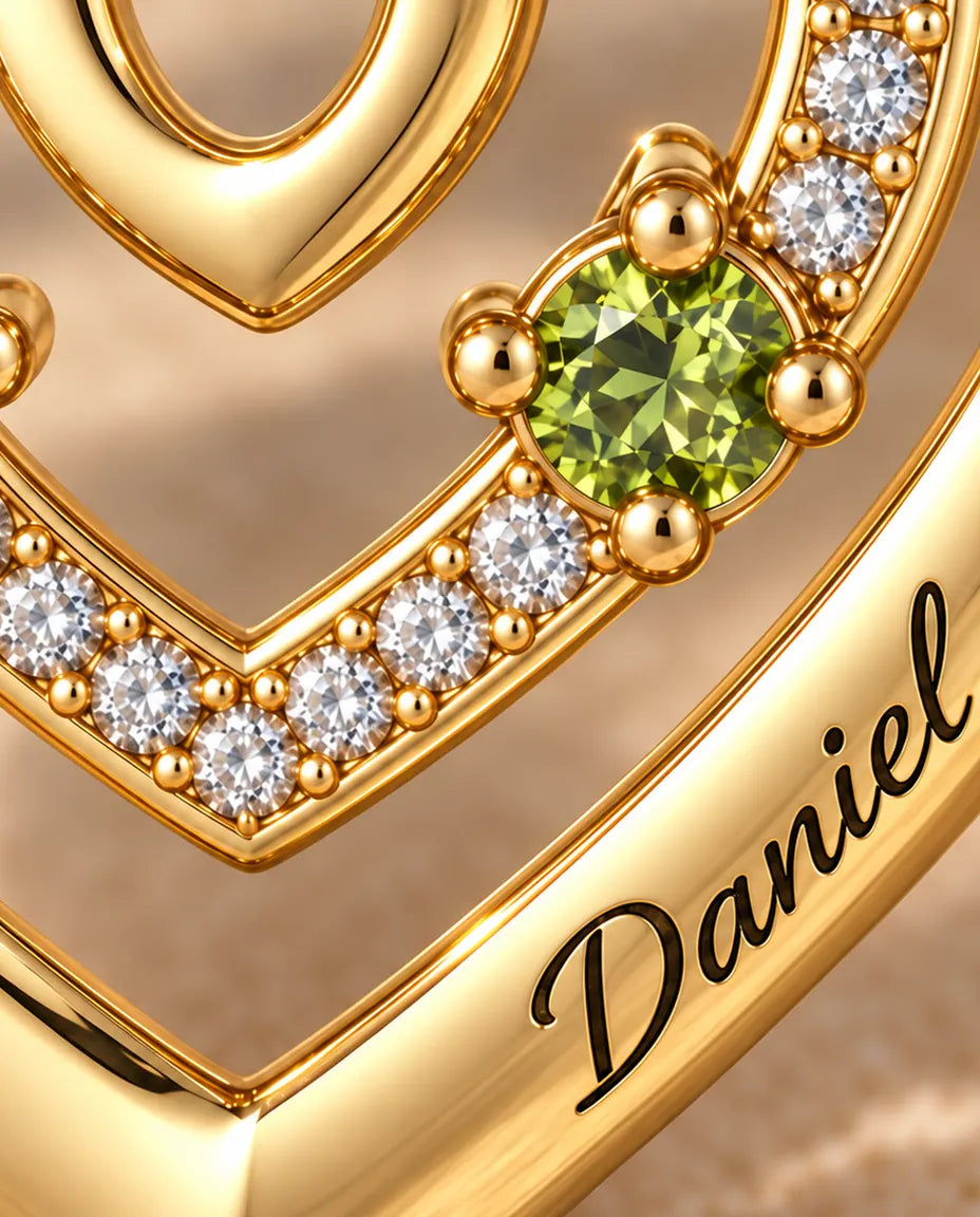 Gepersonaliseerde Geboortesteen Ketting met 2 Namen - gouden drievoudig hart met twee geboortestenen