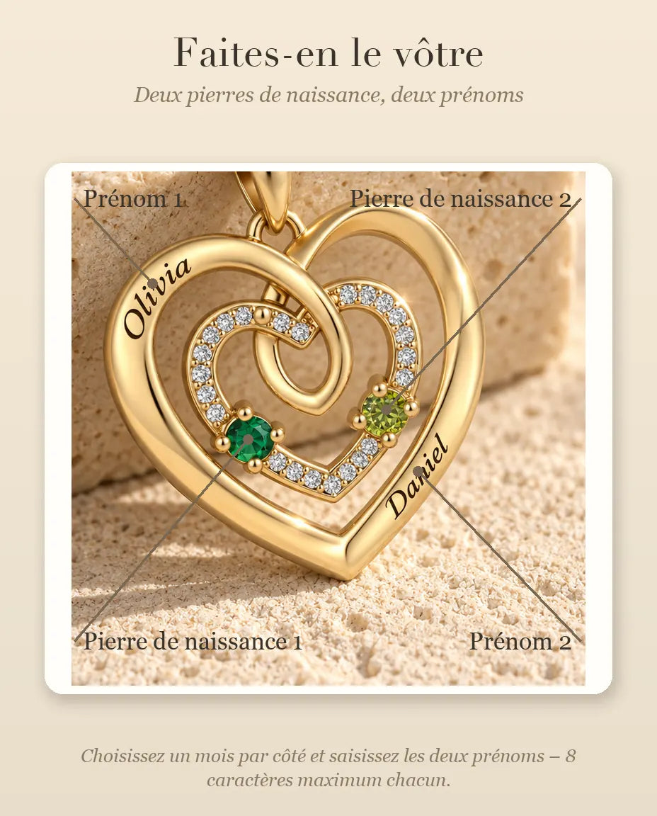 Gepersonaliseerde Geboortesteen Ketting met 2 Namen - gouden drievoudig hart met twee geboortestenen