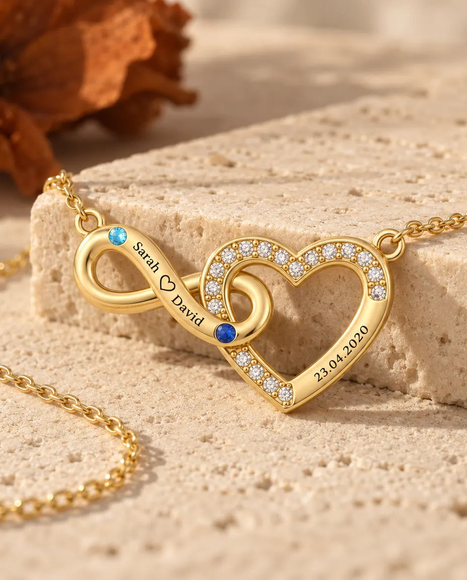 Gepersonaliseerde Ketting met 2 Namen en Datum - gouden oneindig hart met twee geboortestenen
