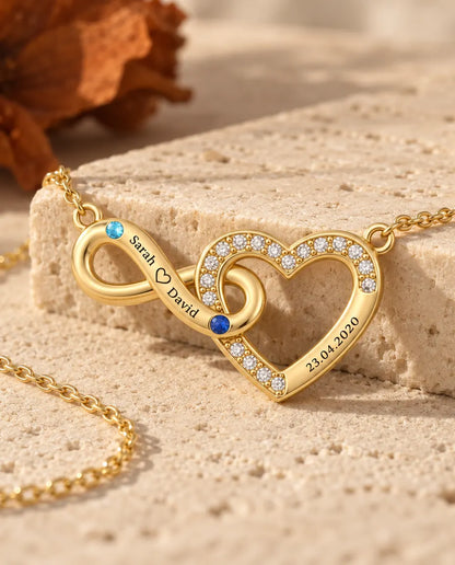 Gepersonaliseerde Ketting met 2 Namen en Datum - gouden oneindig hart met twee geboortestenen