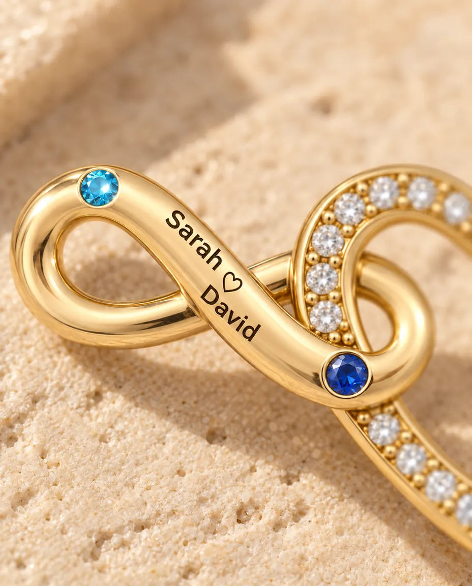 Gepersonaliseerde Ketting met 2 Namen en Datum - gouden oneindig hart met twee geboortestenen