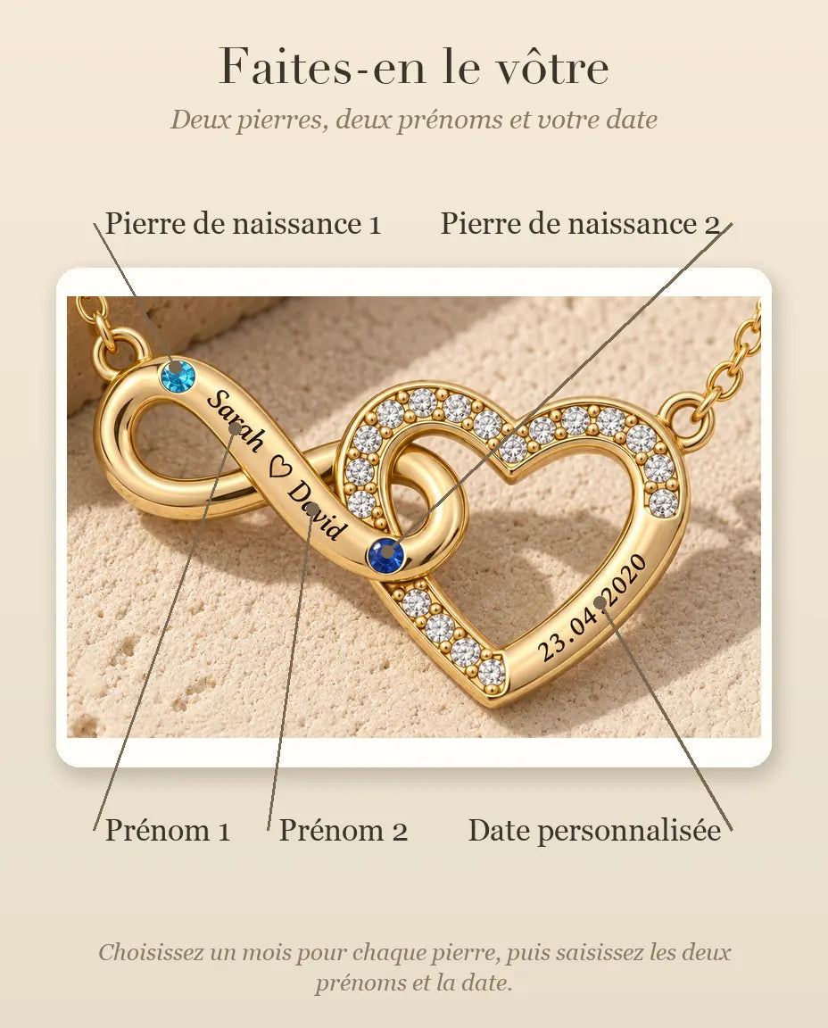 Gepersonaliseerde Ketting met 2 Namen en Datum - gouden oneindig hart met twee geboortestenen