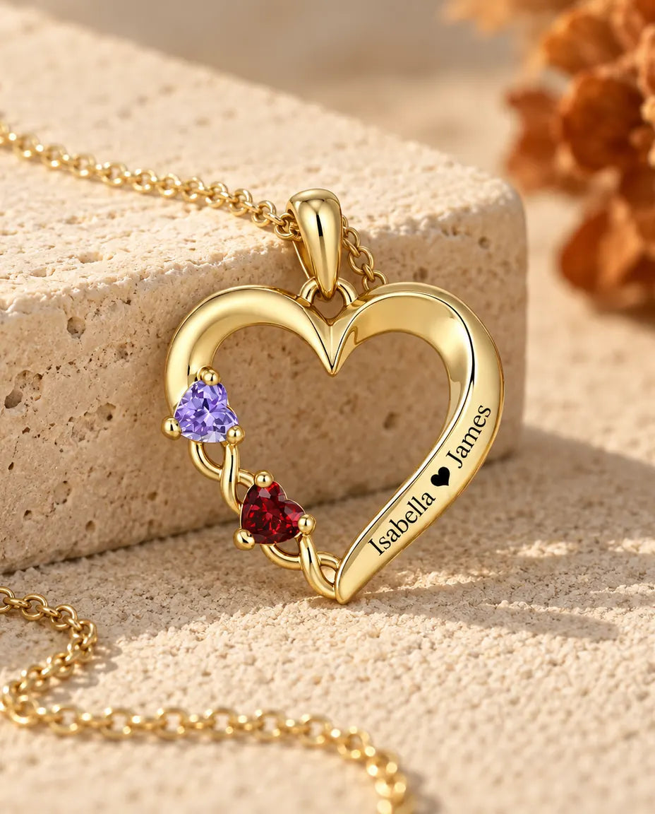 Gepersonaliseerde Geboortesteen Ketting met 2 Namen - gouden open hart met twee hartvormige stenen