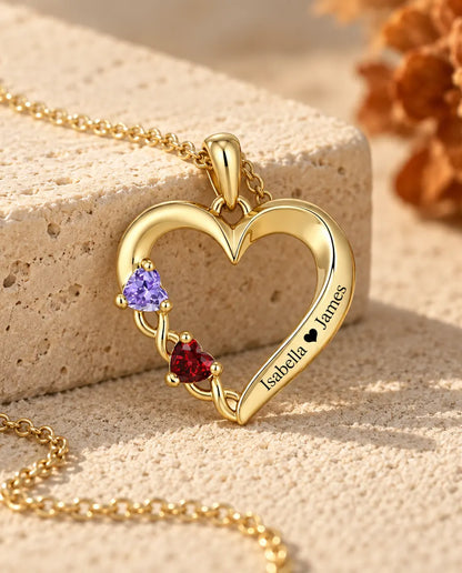 Gepersonaliseerde Geboortesteen Ketting met 2 Namen - gouden open hart met twee hartvormige stenen