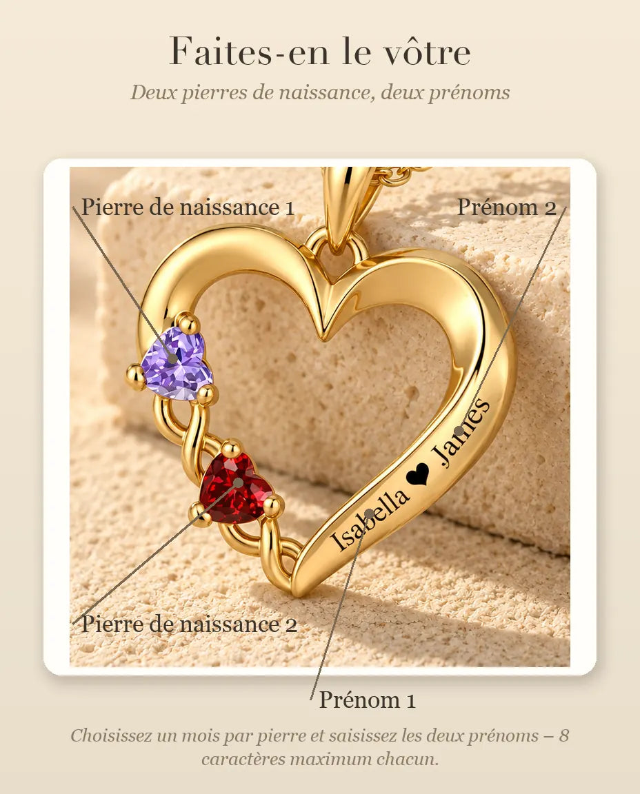 Gepersonaliseerde Geboortesteen Ketting met 2 Namen - gouden open hart met twee hartvormige stenen