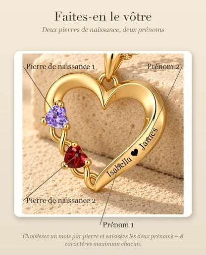 Gepersonaliseerde Geboortesteen Ketting met 2 Namen - gouden open hart met twee hartvormige stenen