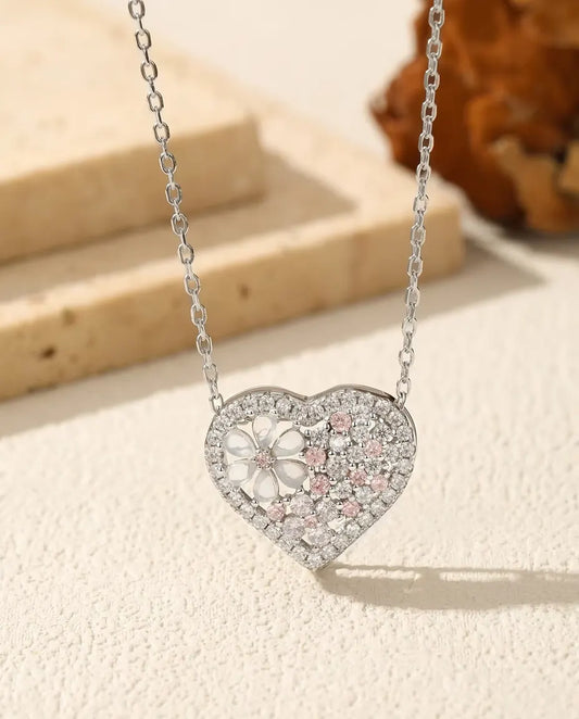 Hartketting met parelmoeren bloem - roze en heldere zirkonia op hanger van 16 x 18 mm, 925 zilver, 40 plus 5 cm