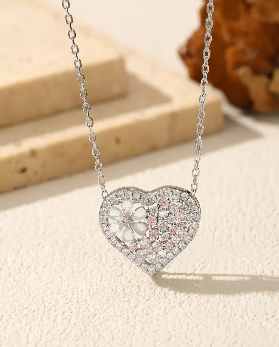 Hartketting met parelmoeren bloem - roze en heldere zirkonia op hanger van 16 x 18 mm, 925 zilver, 40 plus 5 cm