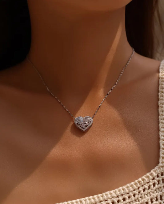 Hartketting met parelmoeren bloem - roze en heldere zirkonia op hanger van 16 x 18 mm, 925 zilver, 40 plus 5 cm
