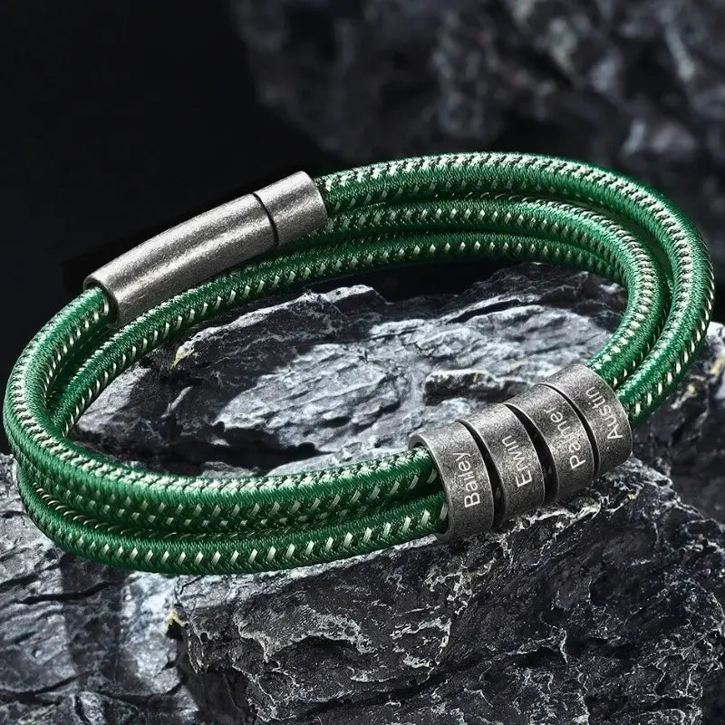 Gegraveerde Herenarmband met Nylon Koord — Roestvrij Staal, Zwart of Groen, Cadeau voor Hem