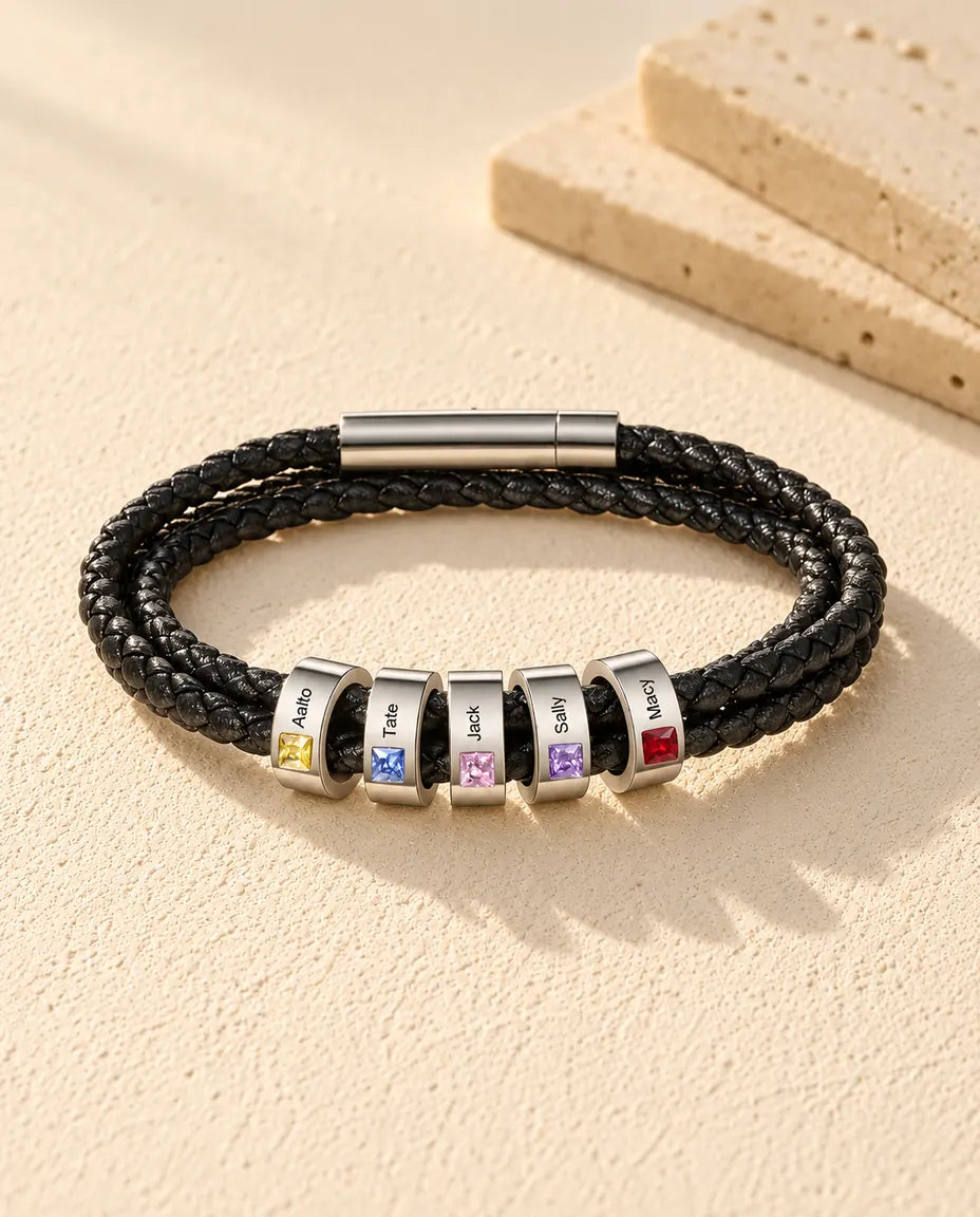 Gegraveerde Herenarmband - versie met 5 namen en geboortestenen