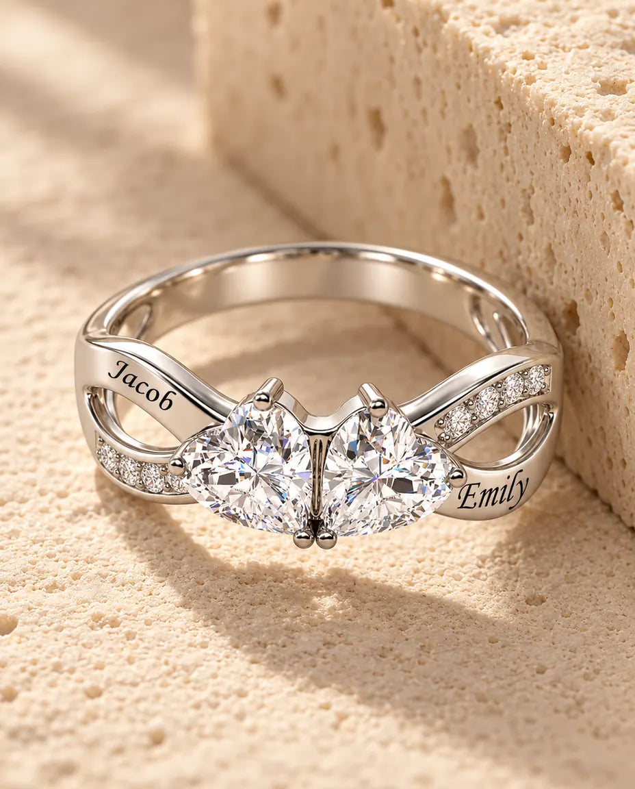 Gepersonaliseerde Infinity Ring met 2 Geboortestenen en 2 Namen - 925 zilveren belofte ring met hartjes - in sterling zilver