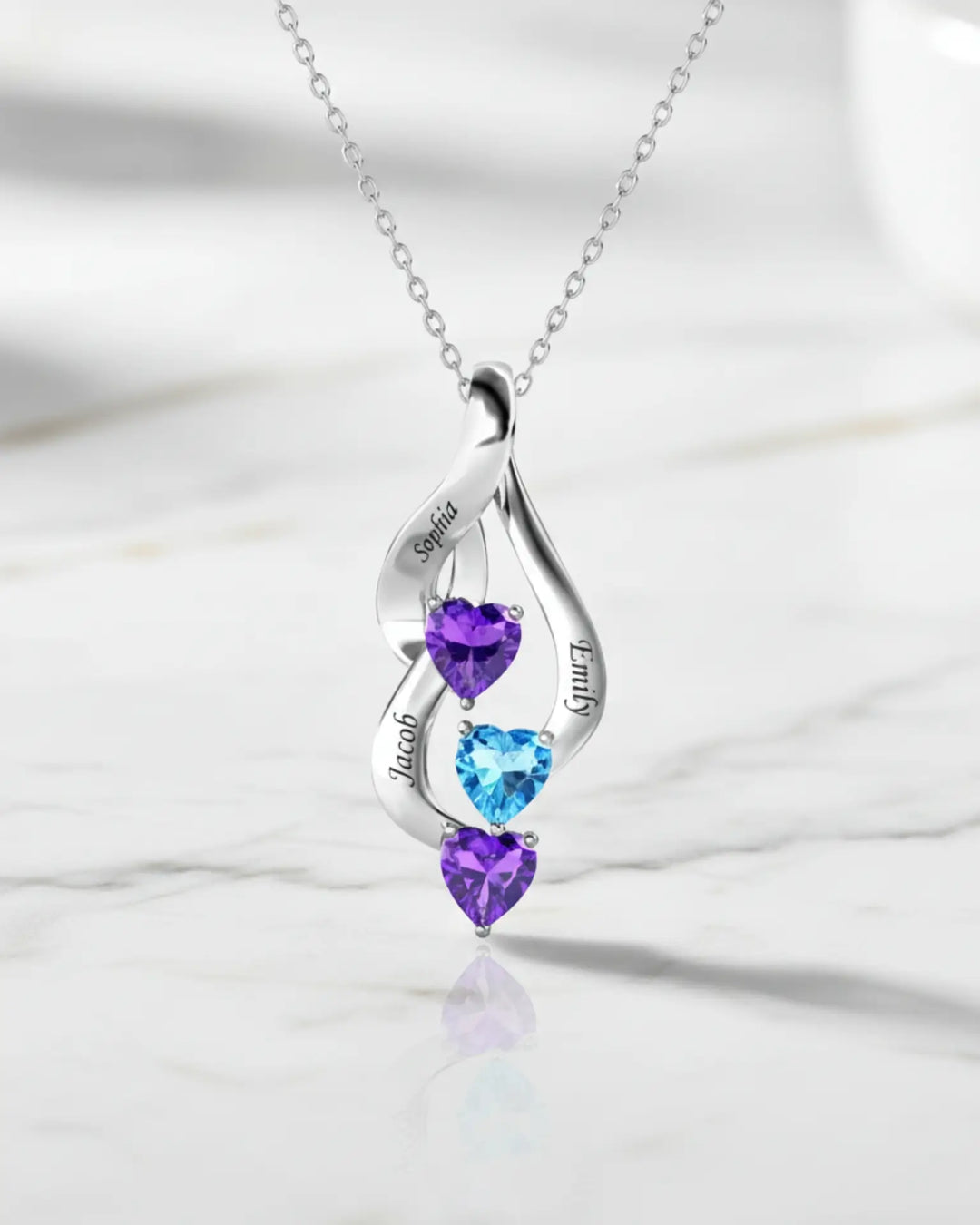 Geboortesteen Ketting met 3 Hartjes en 3 Namen — 925 Sterling Zilver, Cadeau voor Mama