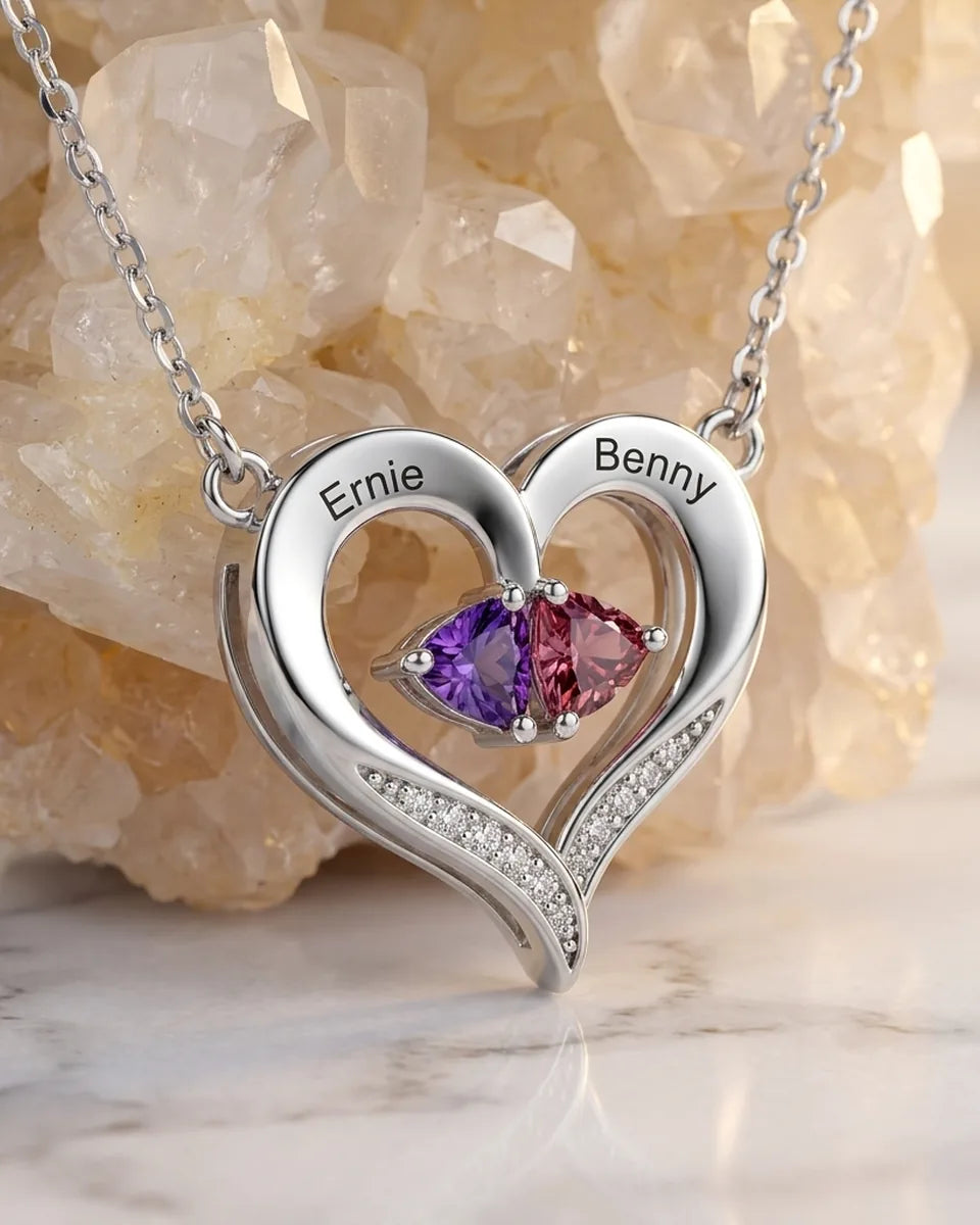 Geboortesteen Ketting – Open Hart in 925 Sterling Zilver met Twee Gegraveerde Namen