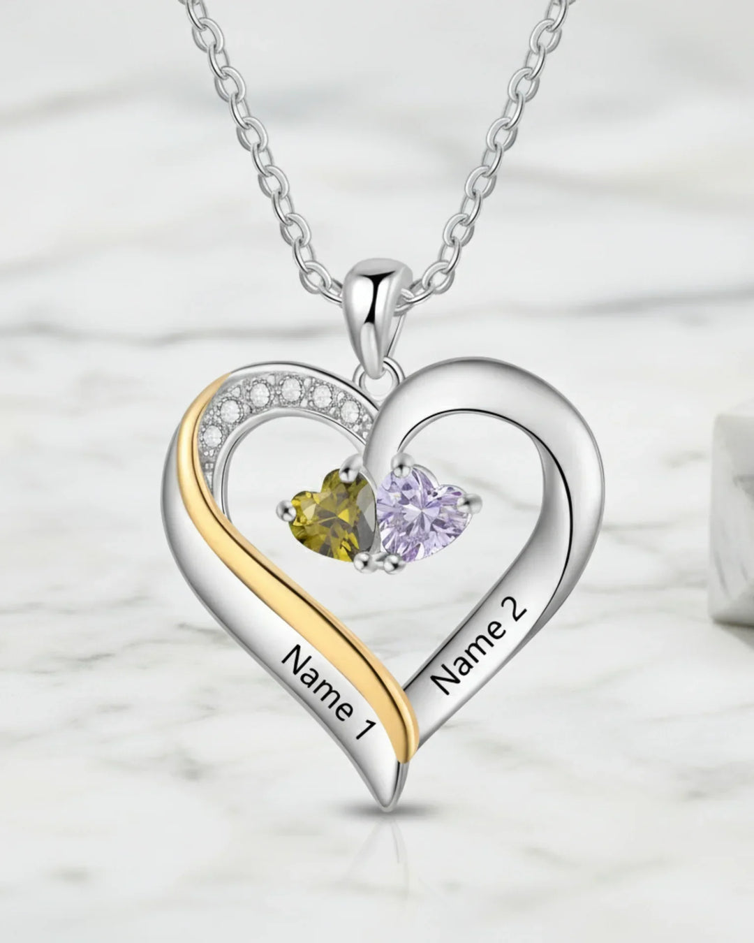 Gepersonaliseerde Ketting – Gegraveerd Hart met 2 Namen en Hartvormige Geboortestenen