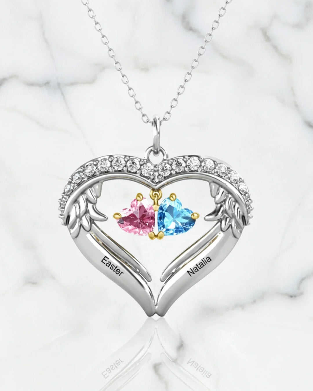 Gepersonaliseerde Ketting met Gevleugeld Hart – 1 tot 6 Namen en Geboortestenen in 925 Sterling Zilver