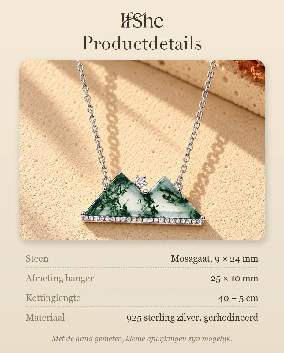 Mosagaat Ketting met Bergtoppen in 925 Sterling Zilver - productdetails met stenen, afmeting hanger, kettinglengte en materiaal