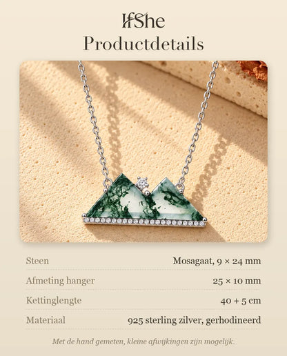 Mosagaat Ketting met Bergtoppen in 925 Sterling Zilver - productdetails met stenen, afmeting hanger, kettinglengte en materiaal