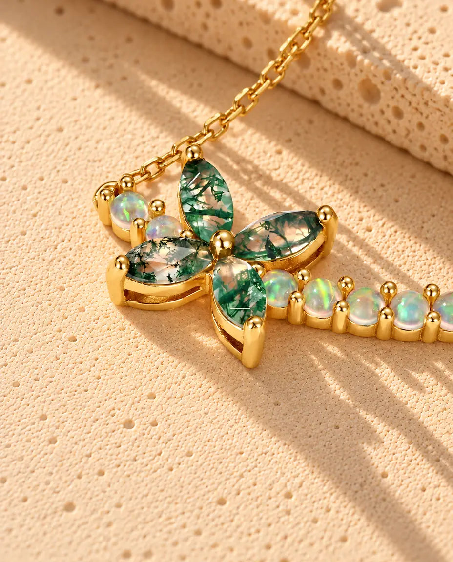Mosagaat Ketting met Bloem in Verguld 925 Sterling Zilver - close-up van de mosagaat en de zetting