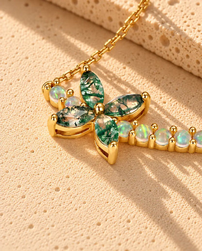 Mosagaat Ketting met Bloem in Verguld 925 Sterling Zilver - close-up van de mosagaat en de zetting