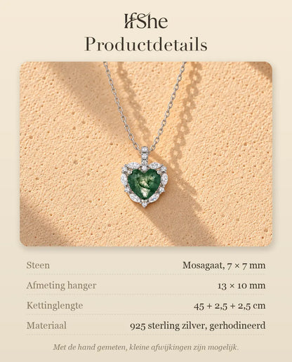Mosagaat Ketting Hart Halo in 925 Sterling Zilver - productdetails met stenen, afmeting hanger, kettinglengte en materiaal