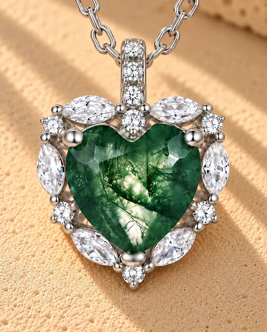 Mosagaat Ketting Hart Halo in 925 Sterling Zilver - close-up van de mosagaat en de zetting