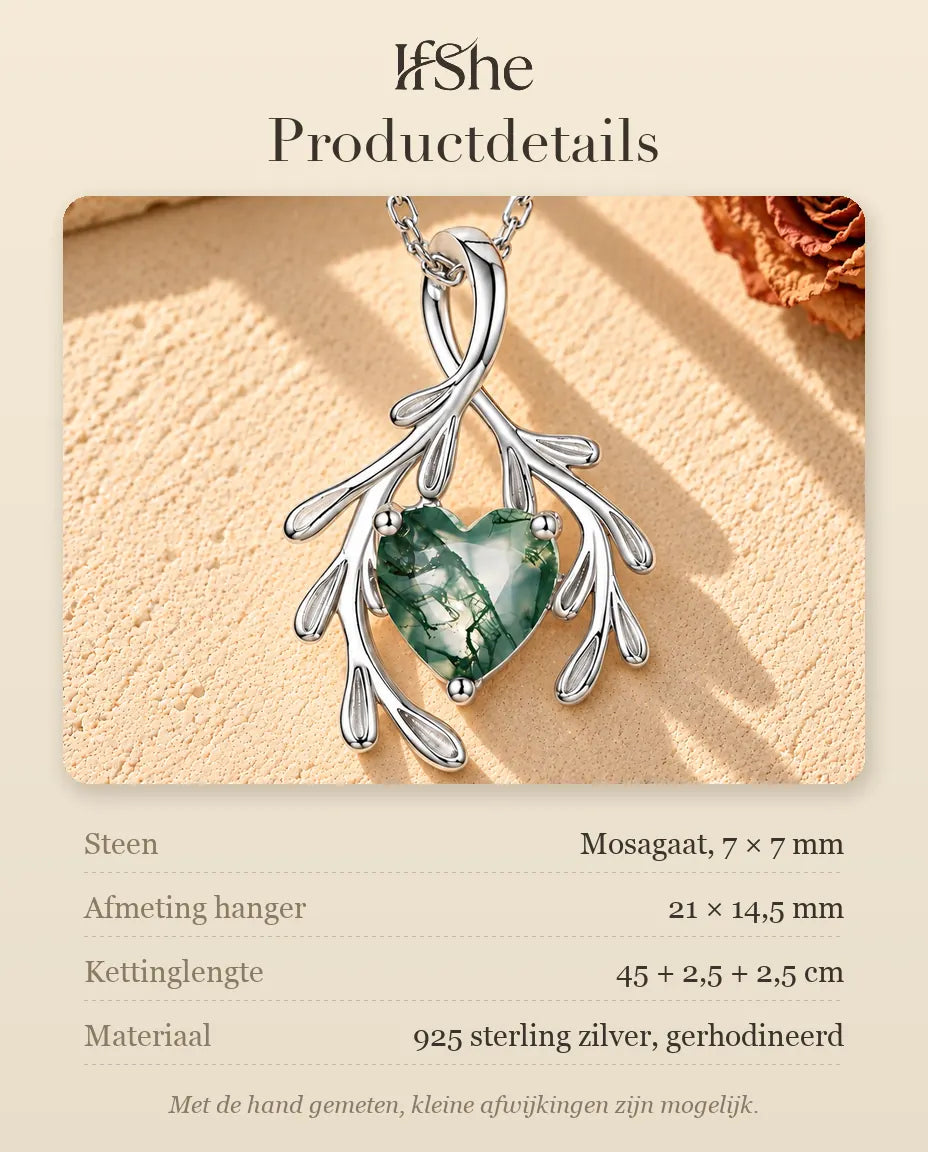 Mosagaat Ketting Hart met Takjes in 925 Sterling Zilver - productdetails met stenen, afmeting hanger, kettinglengte en materiaal