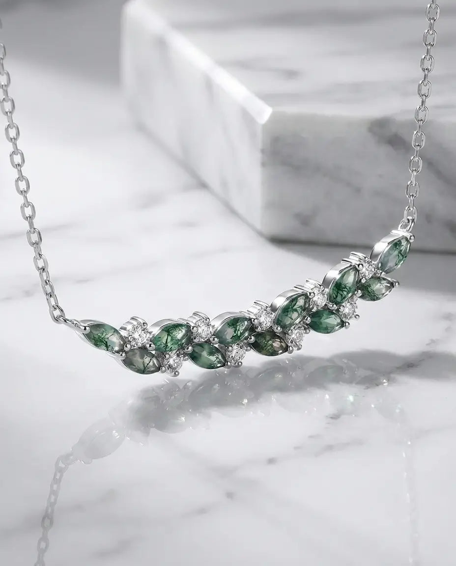 Mosagaat Ketting – Marquise Blaadjes aan een Zilveren Tak, Sterling Zilver