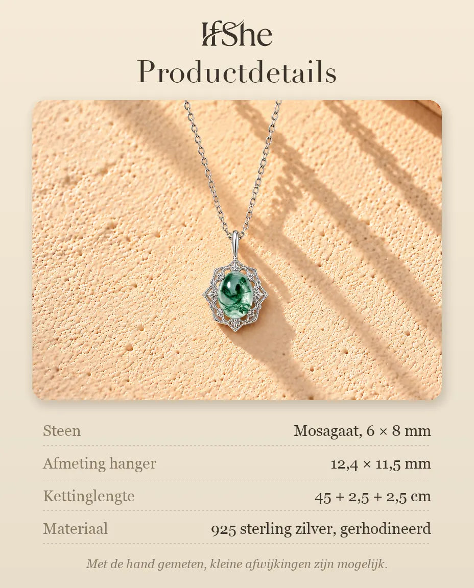 Vintage Mosagaat Ketting in 925 Sterling Zilver - productdetails met stenen, afmeting hanger, kettinglengte en materiaal