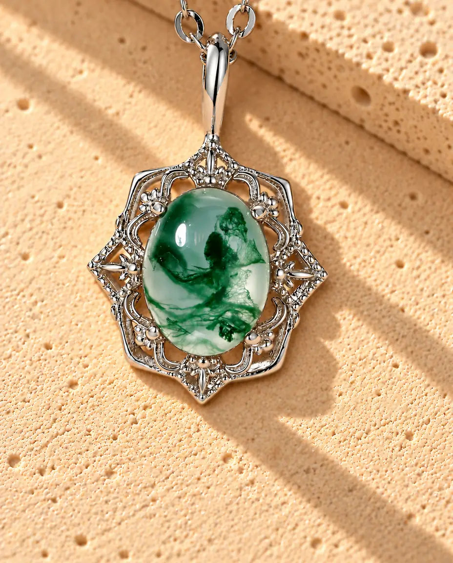 Vintage Mosagaat Ketting in 925 Sterling Zilver - close-up van de mosagaat en de zetting