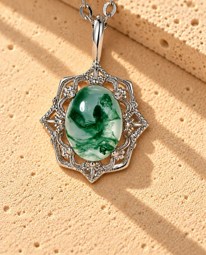 Vintage Mosagaat Ketting in 925 Sterling Zilver - close-up van de mosagaat en de zetting