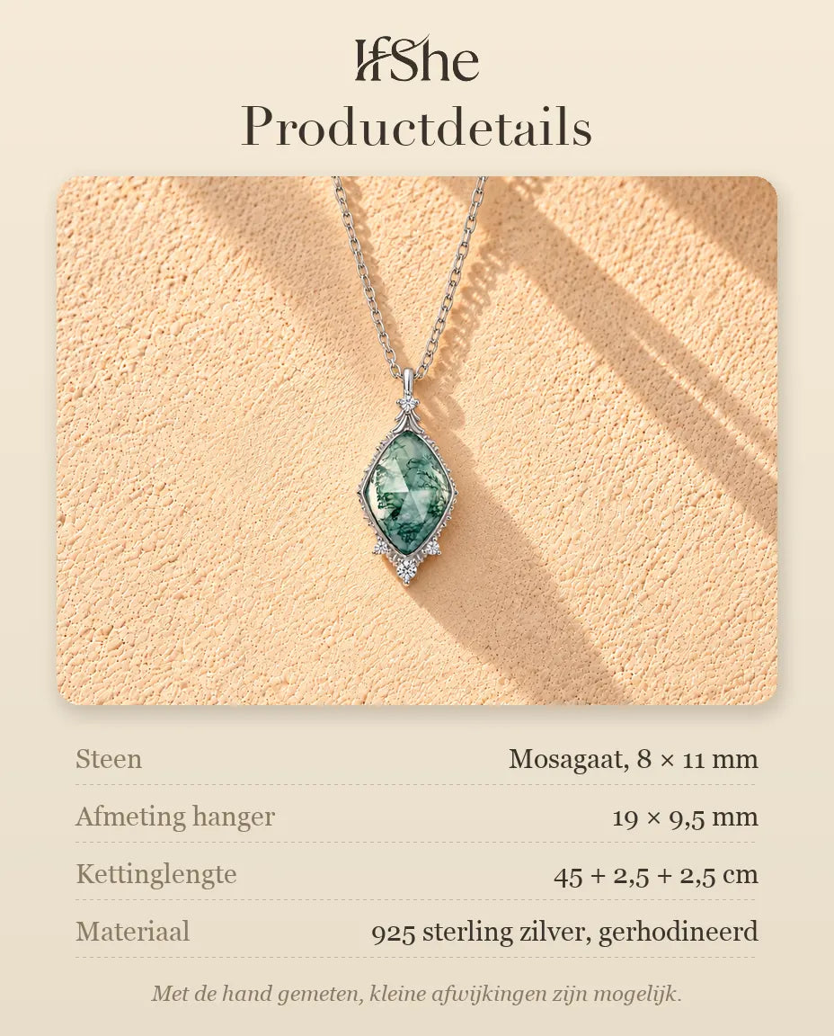 Mosagaat Ketting Ruit in 925 Sterling Zilver - productdetails met stenen, afmeting hanger, kettinglengte en materiaal