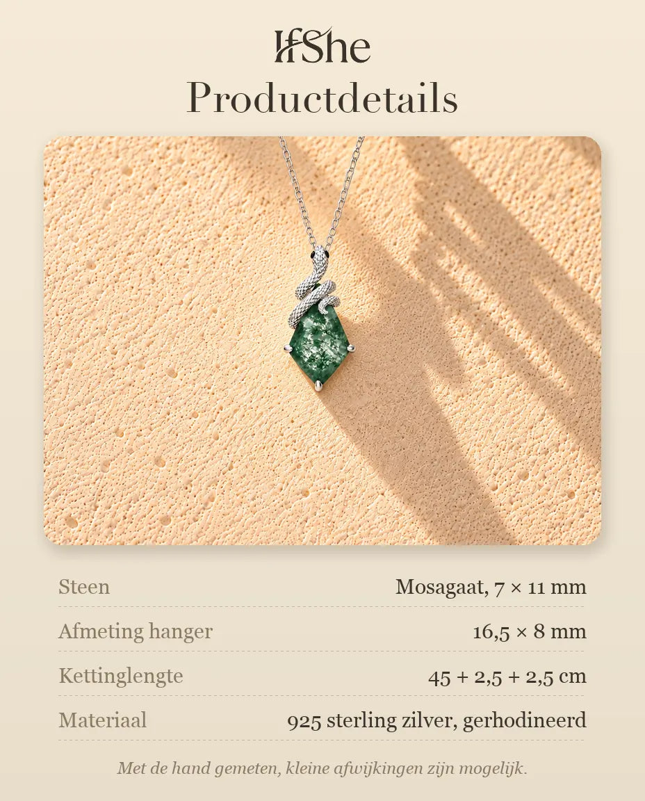 Mosagaat Ketting met Slang in 925 Sterling Zilver - productdetails met stenen, afmeting hanger, kettinglengte en materiaal