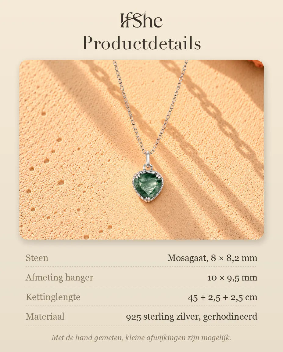 Mosagaat Ketting met Hartje in 925 Sterling Zilver - productdetails met stenen, afmeting hanger, kettinglengte en materiaal