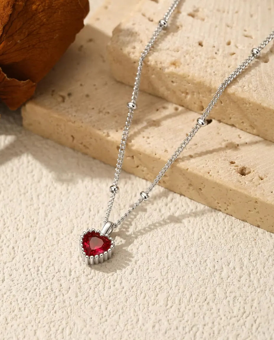 Rode Zirkonia Hart Ketting – hanger van 5 mm met geparelde rand, 925 sterling zilver, bolletjesketting 40+5 cm