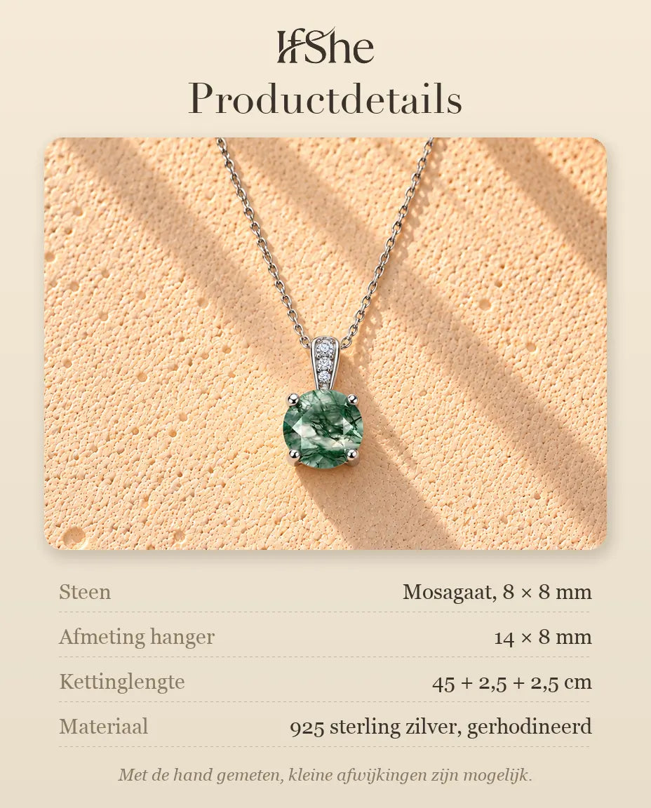 Mosagaat Solitair Ketting Rond in 925 Sterling Zilver - productdetails met stenen, afmeting hanger, kettinglengte en materiaal
