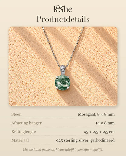 Mosagaat Solitair Ketting Rond in 925 Sterling Zilver - productdetails met stenen, afmeting hanger, kettinglengte en materiaal